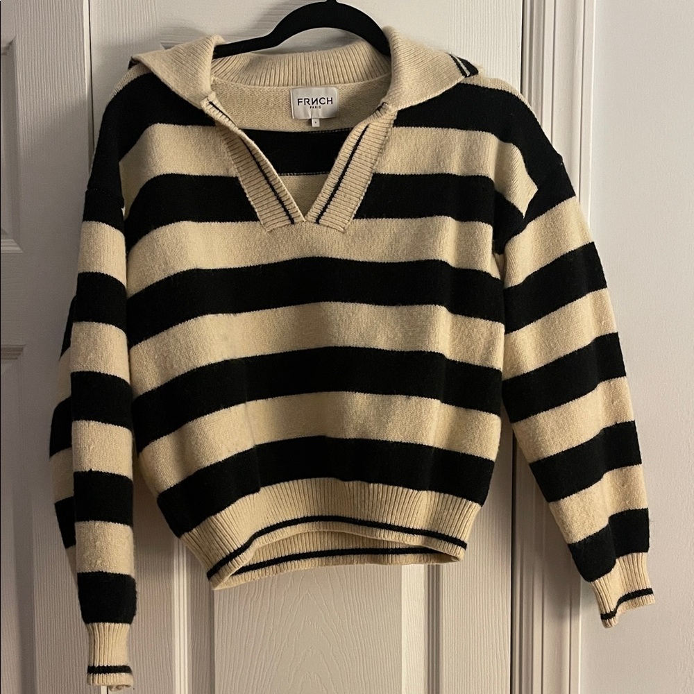 FRNCH V-Neck Sweater in Black and Cream Stripes